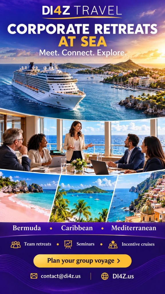 DI4Z Travel corporate retreats at sea poster showing a cruise ship, team meeting, and Bermuda, Caribbean, and Mediterranean destinations